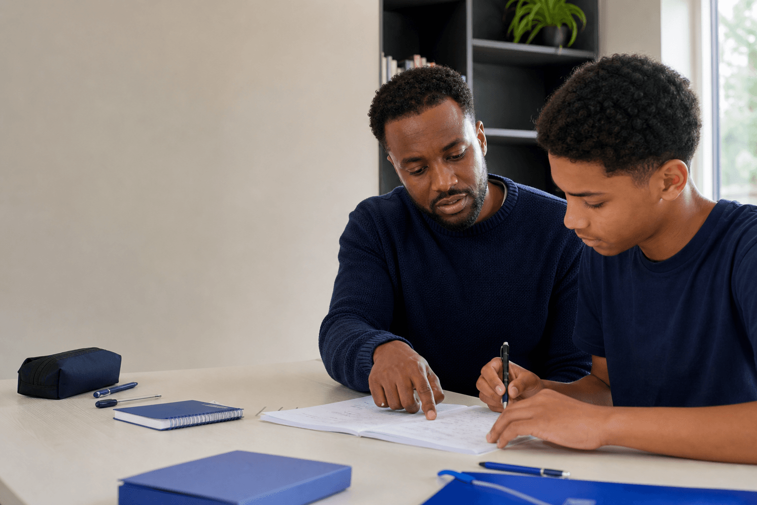 A maths tutor helping a student identify a gap in their working